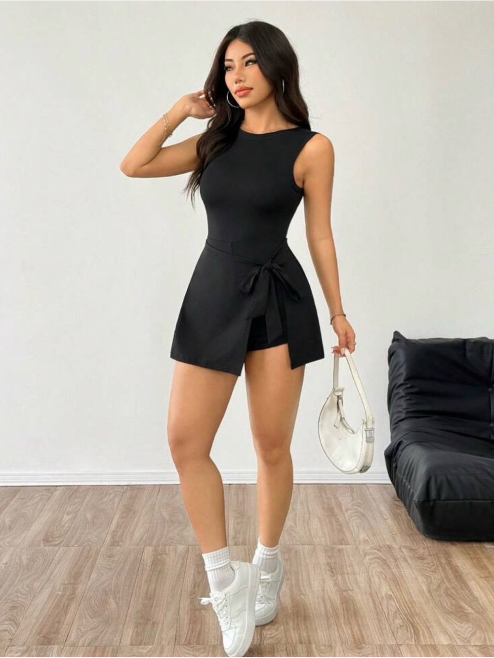 Sleeveless Black Wrap-Front Mini Dress